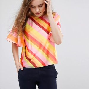 Traffic People Kimono Striped Top Multicolor Pink Orange L New Spring Rainbow